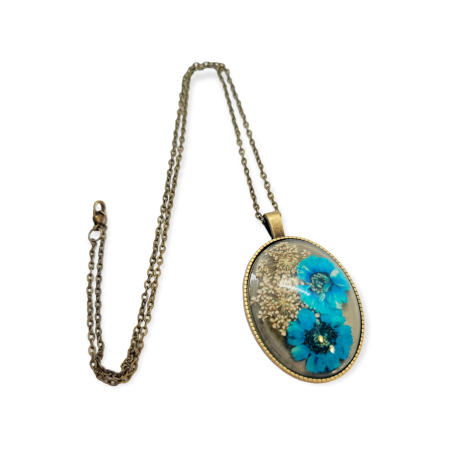 Necklace bronze oval blue flowers3